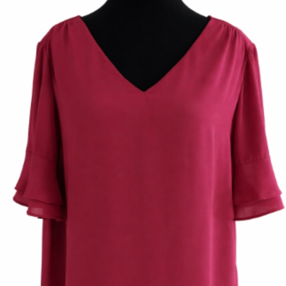 Women's V-Neck Flutter Sleeve Blouse - Berry
